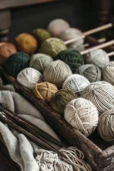 Natural fiber yarn balls in earthy tones fill a wooden tray, showcasing eco-friendly knitting materials. a pair of vintage knitting needles completes the rustic setup, ideal for craft and sustainable living enthusiasts who value eco-conscious creativity.
