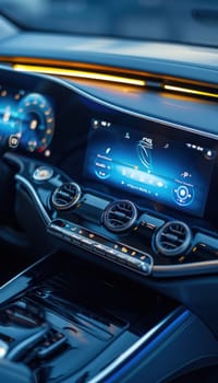 Detailed view of a luxury car's state-of-the-art climate control system featuring a digital display with settings for temperature, airflow, and humidity. the modern dashboard design enhances the overall high-end automotive experience.