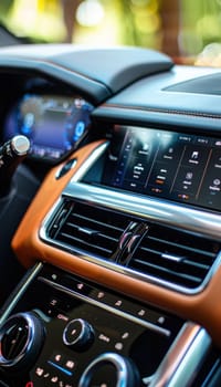 Advanced climate control system in a high-end modern car interior, featuring multiple zones and digital displays for precise temperature settings. sleek, cutting-edge design enhances the luxurious automotive experience.