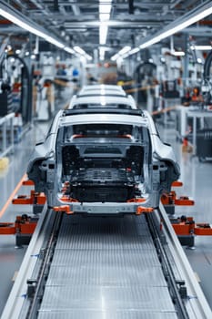 Highlighting a state-of-the-art automobile assembly line focused on electric vehicle production. features include detailed battery and motor installation, showcasing cutting-edge technology and precision engineering in a futuristic factory setting.
