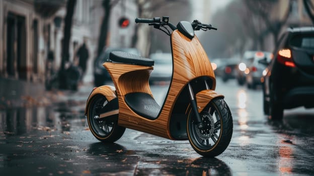 A sleek bamboo electric scooter is parked on a vibrant city street, exemplifying a sustainable and innovative mode of transportation. its contemporary design stands out against the urban backdrop, emphasizing both style and eco-consciousness.