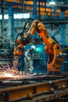 A cutting-edge welding robot operates autonomously within a high-tech factory setting. the robot skillfully performs welding tasks with precision amid a bustling industrial environment. human workers observe and supervise the automated process.