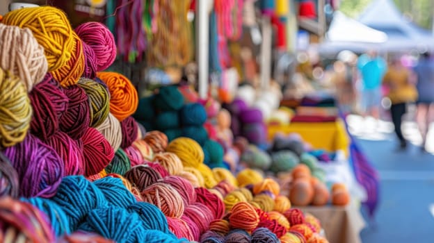 A colorful market scene features a dedicated booth showcasing a variety of sustainable yarns. shelves brim with vibrant hues and rich textures, the diversity and appeal of eco-friendly textile options for crafting enthusiasts.
