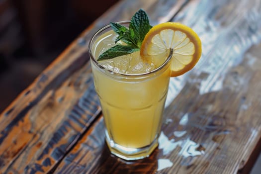 Traditional lemonade served in a glass with ice, garnished with a lemon slice and a sprig of mint. the drink is placed on a rustic wooden table, evoking a sense of freshness and homemade simplicity, perfect for summer settings.