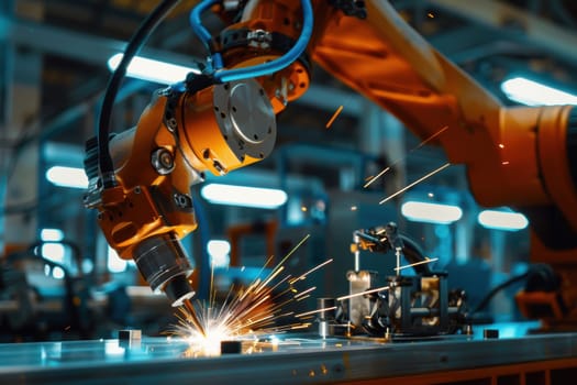 Advanced plasma welding on a complex metal structure, showcasing high precision and innovation. sparks and vibrant lights highlight the dynamic process, emphasizing cutting-edge techniques in modern metalwork and industrial craftsmanship.