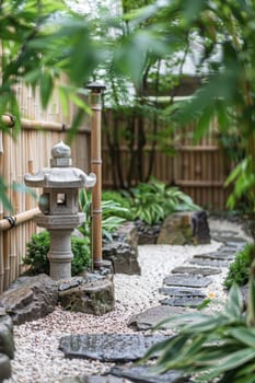 A serene zen garden with a stone path meandering through vibrant bamboo clusters. features a traditional stone lantern and a tranquil bamboo fountain, all set against a wooden backdrop, creating a peaceful meditation space.