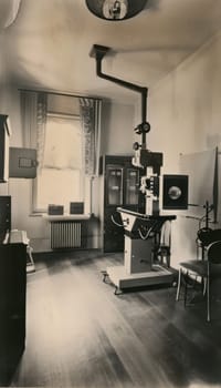 Vintage 1920s radiology room showcasing early x-ray machines and equipment. the setting historical development of medical technology, the evolution of diagnostic tools and healthcare advancements in the early 20th century.