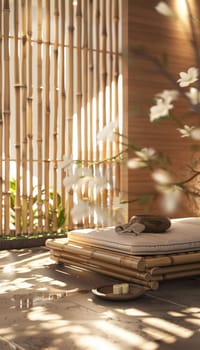 Tranquil spa room featuring bamboo decor, including wall panels and a bamboo bed frame. the space exudes relaxation and wellness, enhanced by soft lighting and soothing colors, perfect for a serene experience.