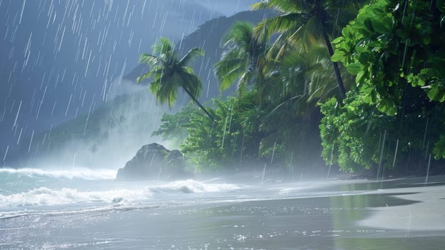 A dramatic storm scene unfolds on a tropical beach as heavy rain cascades over the swaying palm trees. the typically serene shoreline is transformed by crashing waves and darkened skies, creating a powerful contrast between the calm and chaos.
