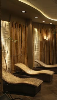 Relaxing spa room featuring bamboo-themed decor, including bamboo furniture and gentle lighting. the tranquil space is designed to enhance comfort and promote a sense of wellness, ideal for rejuvenating relaxation experiences.