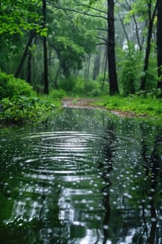Serene forest clearing featuring a small pond with raindrops creating ripples on the water's surface. lush green trees and foliage provide a tranquil atmosphere, ideal for nature, relaxation, and outdoor-themed designs.