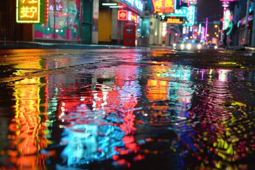 Neon lights vividly reflect on the wet pavement of a bustling urban street at night. the colorful glow, coupled with the rain-soaked surface, creates a dynamic and lively cityscape that blends modernity with the vibrancy of nightlife.