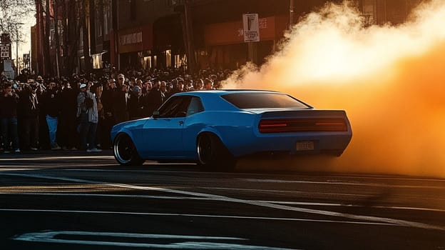 Powerful sports cars race through city streets at sunset, leaving a trail of smoke, thrilling spectators with high speed action