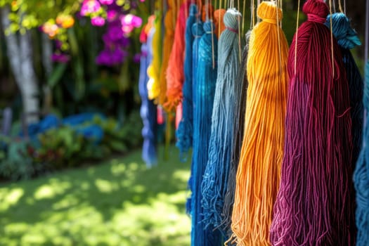 Hand-dyed yarns in vibrant hues of deep blues, bright yellows, and rich reds hang on a line. they contrast beautifully against a lush garden backdrop filled with greenery and blooming flowers, creating a lively and artistic outdoor scene.
