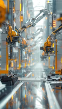 A vibrant futuristic factory showcases an automated drone assembly line with sophisticated robotic arms and cutting-edge machinery in action, reflecting the advancement of industrial technology and harmonious mechanical precision.