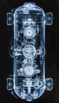 High-resolution x-ray revealing the intricate internal gears and mechanisms of a gearbox. ideal for engineering studies and mechanical design inspirations, showcasing detailed components essential for technical understanding.