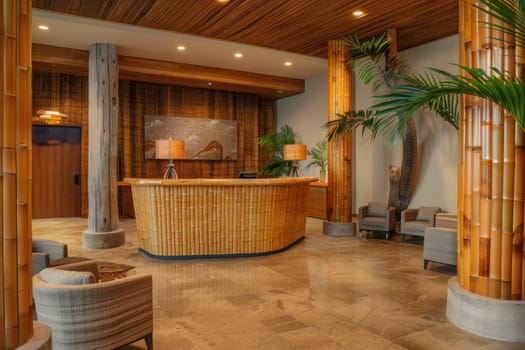 Modern hotel lobby featuring bamboo reception desk and seating area, showcasing elegant and sustainable furnishings. natural wood textures and lush indoor plants create an environmentally conscious and sophisticated atmosphere.