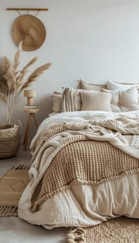 Cozy bedroom design showcasing intricate knitted yarn decor. features a textured bedspread, coordinating throw pillows, and matching wall hangings. accented with natural elements and neutral tones for a serene atmosphere.
