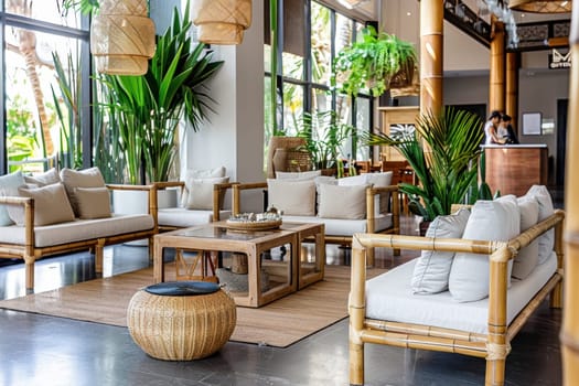 A modern, inviting boutique hotel lobby featuring stylish bamboo furniture. the space is bathed in natural light, enhancing its warm ambiance. comfortable seating paired with unique accents creates a relaxing, contemporary setting.
