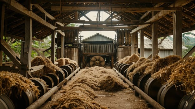 Traditional sugar cane mill featuring large wooden rollers for crushing cane in a rustic, historical setting. the scene highlights the craftsmanship and historical significance of this method, surrounded by natural elements and wooden structures.
