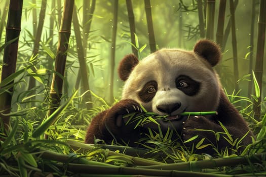 A serene panda leisurely munches on fresh bamboo surrounded by a vibrant, lush green environment. the panda's calm demeanor and tranquil setting evoke a heartwarming, peaceful atmosphere, the beauty of nature's simplicity.