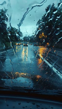 Rain-soaked road trip scene through a lush scenic route, a car battle against heavy downpour. the windshield wipers swipe rhythmically, creating a dynamic pattern on the wet glass, emphasizing the adventure and elements.