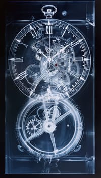 A fascinating x-ray view of a clock, showcasing its intricate gears and mechanisms. this detailed visualization emphasizes the complexity and precision of clockwork engineering, ideal for educational materials and artistic design projects.