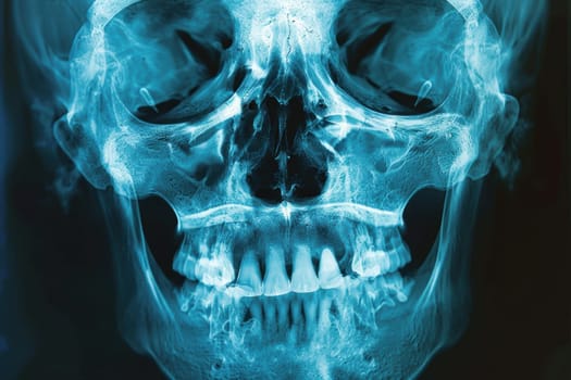 Detailed x-ray image showcasing a human skull with visible sinus infection. highlights affected areas, providing insight into sinus issues for medical professionals, educational purposes, and diagnostic reference.
