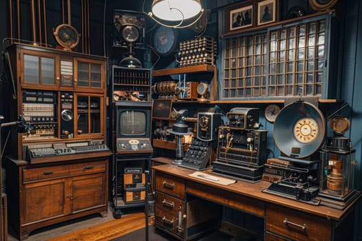 Vintage radiology workspace featuring early 20th-century x-ray equipment and tools. the scene includes a variety of analog instruments, gauges, and machines used by technicians, offering a glimpse into the history of medical imaging technology.