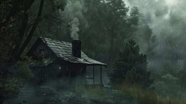 A serene cabin nestled in a dense forest, surrounded by mist and falling rain. the chimney releases gentle smoke, enhancing the warm ambiance. the lush greenery and tall trees create a tranquil escape into nature's embrace.