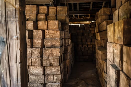 Inside a historical storage room, stacks of unrefined cane sugar blocks are neatly organized. the setting features wooden beams and rustic brick flooring, creating an ambiance of vintage charm and authenticity, ideal for traditional trade.