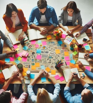 A group of people are sitting around a table with a large diagram on it. They are all working together on a project, with some people writing on the diagram and others looking at it