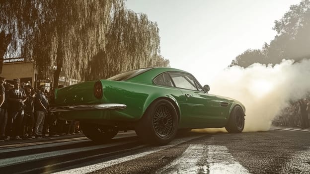 Green classic sports car is burning rubber and producing smoke for a crowd of excited fans. The car is driving away from the camera on a closed road
