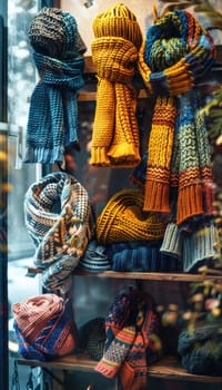 Detailed boutique display featuring an assortment of knitted fashion items, including sweaters, scarves, and hats. the arrangement highlights a variety of textures and patterns, perfect for winter style inspiration and cozy decor settings.