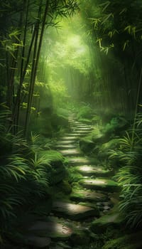 A serene pathway through a dense bamboo forest, with gentle light filtering through the lush green leaves. the stone-lined path invites exploration and leads to a secluded garden oasis, offering a peaceful escape into nature.