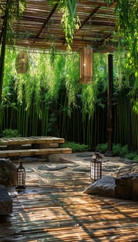 Zen garden designed for tranquility, featuring a bamboo bench and stone lanterns surrounded by tall bamboo plants. a serene space ideal for meditation and relaxation, emphasizing natural beauty and peaceful ambiance.