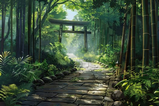 Journey through a serene bamboo forest, where a stone pathway gently guides you to a traditional wooden gate. surrounded by verdant foliage and bathed in soft light, the scene evokes a sense of tranquility and adventure.