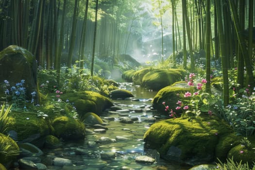 Tranquil bamboo grove featuring a serene stream bordered by moss-covered rocks and delicate flowers. sunlight filters through the leaves, creating dappled patterns on the water, enhancing the peaceful and natural setting ideal for nature designs.