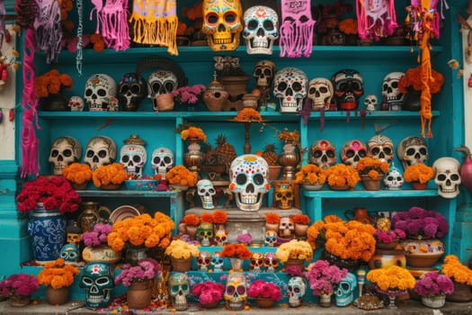 A colorful dia de los muertos altar featuring intricately designed sugar skulls, vibrant marigolds, and traditional offerings. the setting is adorned with candles, flowers, and draped fabrics, embodying rich cultural symbolism and festive spirit.