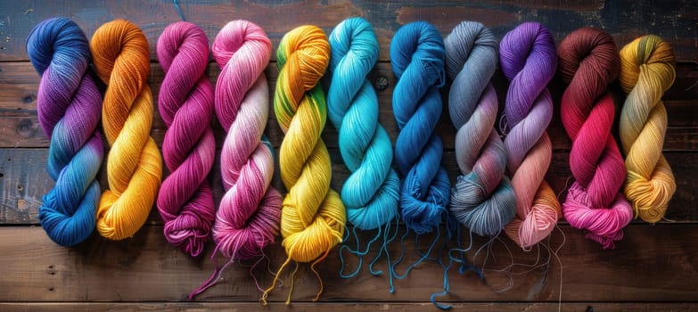 Hand-dyed yarn skeins in a smooth gradient range from warm to cool tones, neatly arranged on a weathered wooden table. each skein showcases meticulous artistry and diverse color palettes, ideal for knitting, crochet, and crafting projects.
