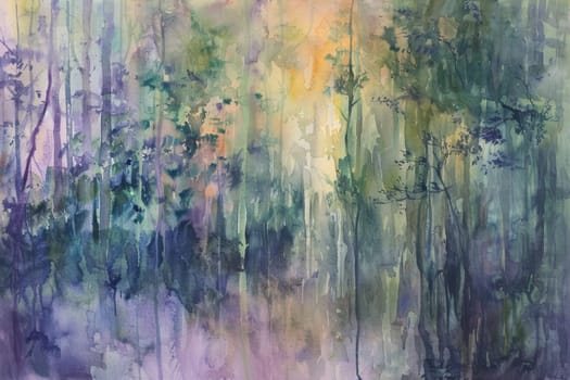 Watercolor painting of a forest during a rainstorm, showcasing soft, flowing colors. the artwork captures movement and tranquility with drips and washes of blues, greens, and yellows, creating an ethereal atmosphere perfect for serene decor.