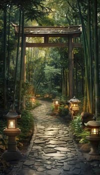 A serene pathway meanders through a lush bamboo forest, bordered by softly glowing stone lanterns. the tranquil scene, with its gentle lighting and verdant foliage, creates a peaceful ambiance ideal for quiet reflection and exploration.