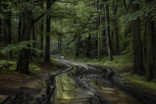 Winding path in a lush forest during heavy rain, with large puddles and streaming water. tall trees surround the scene, creating a serene and peaceful atmosphere, the raw beauty and tranquility of nature in a rainy setting.