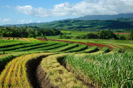 Agricultural landscape showcasing a cane sugar farm with vibrant crop rotation patterns. alternating rows promote biodiversity and ecological balance, enhancing sustainability against a backdrop of lush foliage and expansive skies.