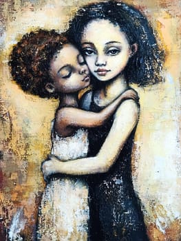 Two young girls embracing in a heartwarming oil painting, showing love and care with warm colors and expressive brushstrokes