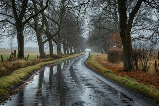 A tranquil rural scene with a winding country road flanked by tall, leafless trees, creating reflections in the rain-soaked pavement. mist softens the distant view, adding an atmospheric touch to the serene countryside setting.