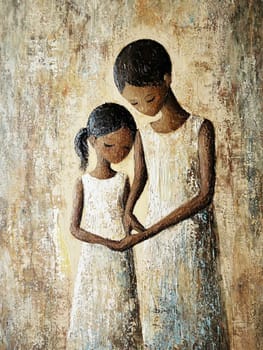 Heartwarming painting of a mother and daughter holding hands, exuding love and togetherness in white dresses. The emotional bond captured with warm colors and brushstrokes