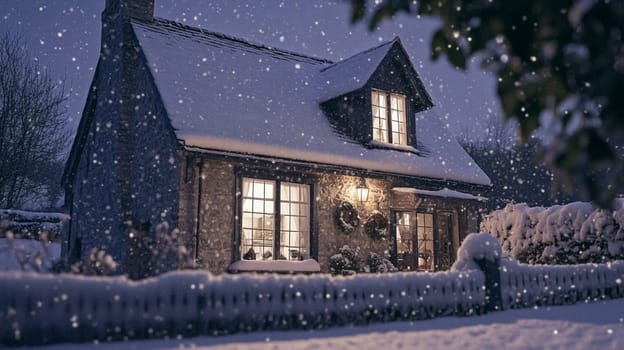 Christmas in the countryside, cottage decorated for holidays on a snowy winter evening with snow and holiday lights, English country styling inspiration