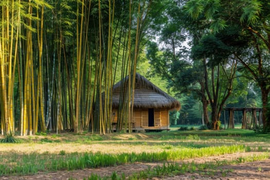 A serene bamboo forest featuring a small wooden hut with a thatched roof nestled among towering bamboo stalks. the rustic charm of the hut adds to the peaceful ambiance, offering a glimpse into traditional architecture surrounded by lush greenery.
