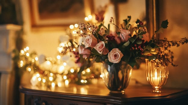 Christmas, holiday decor and country cottage style, cosy atmosphere, decorated Christmas tree in the English countryside house living room with fireplace, interior decoration idea